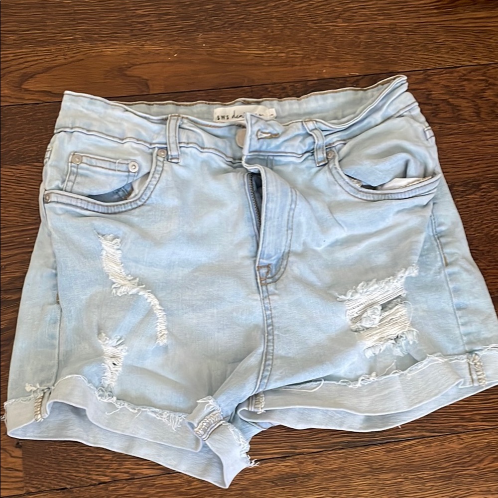 Light Blue Distressed Denim Shorts